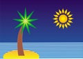 Cartoon symbolic landscape. Island with palm trees, the sea and the sun.