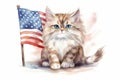 A cartoon tabby cat with an American flag celebrates 4th of July Independence Day Royalty Free Stock Photo