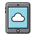 A cartoon tablet device displaying a simple white cloud icon on a blue screen. Royalty Free Stock Photo