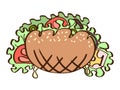 cartoon taco bread bun with sesame seeds, mustard, lettuce, tomato slices, cheese, ham meat slice, olives and onion rings. Vector