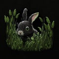 Cartoon tapestry little bunny. Embroidery textured rabbit on the green grass. At night. Abstract embroidered vector background