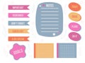 Cartoon task planners, cute paper stickers, banners, to-do lists or notepads. Colorful note paper for kids, school or office. Royalty Free Stock Photo