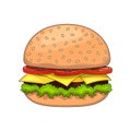 Cartoon tasty big hamburger with cheese and sesame seeds.