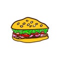 Cartoon tasty big hamburger with cheese and sesame seeds isolated on white background. Vector sticker icon. Royalty Free Stock Photo