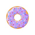 Cartoon tasty donut isolated on white background. Purple colour glazed doughnut top view for cake cafe decoration or
