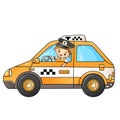 Cartoon taxi with driver. Images transport or vehicle for children. Profession. Colorful vector illustration for kids