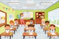 Cartoon teacher with pupils, school kids sitting at desks in classroom. Elementary school children studying in class