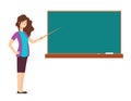 Cartoon teacher woman at blackboard teaching children in school classroom vector illustration