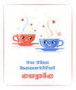 Cartoon teacups couple looking at each other