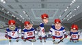 Cartoon team with five funny hockey players on the ice