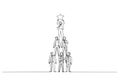 Cartoon of teamwork businessman pyramid to reach star. One line style art