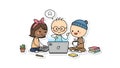 Cartoon Teamwork Kids Coding, Online Learning, Collaboration Royalty Free Stock Photo