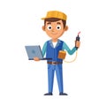 Cartoon Technician Character with Laptop and Tester Tool on White Background Royalty Free Stock Photo