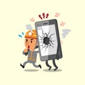 Cartoon technician help broken smartphone