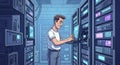 Cartoon IT Technician in Server Room Royalty Free Stock Photo