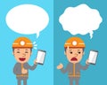 Cartoon technician with smartphone expressing different emotions with speech bubbles