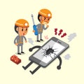 Cartoon technicians and a broken smartphone