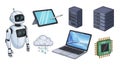 Cartoon Technology Collection: Robot, Laptop, Tablet, Cloud, Servers, and Chip Royalty Free Stock Photo