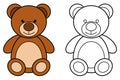 Cartoon teddy bear colorful and black and white. Coloring book page for children. Colored and outline vector children`s toy