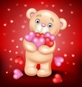 Cartoon teddy bear hugging bunch of heart
