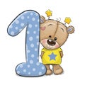 Cartoon Teddy Bear and number one isolated on a white background