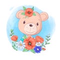 Cartoon Teddy Bear Portrait With Wreath Of Poppies Hand Drawing. Vector Illustration