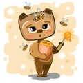 Cartoon Teddy Bear sweet tooth with honey. Among the bees. Naive baby. Funny childrens illustrations in flat style for