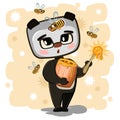 Cartoon Teddy panda Bear sweet tooth with honey. Among bees. Naive baby. Funny children illustrations in flat style for