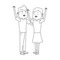 Cartoon teen couple with arms up, flat design