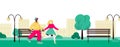 Cartoon teen couple walking in summer park - cityscape banner