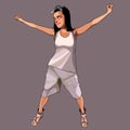 Cartoon teen girl stands joyfully raising her hands