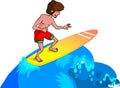 Cartoon teen man surfing on surfboard Young surfer boy on high waves. . 2d drawing vector.