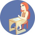 Cartoon teenage girl student sit on lecture chair.