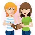 Cartoon teenage girls laughing with magazine