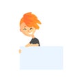 Cartoon teenager boy holding white sign with space for text. Cheerful red-haired kid in black t-shirt. Child showing Royalty Free Stock Photo