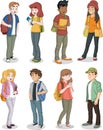 Cartoon teenager students with books and backpack.