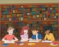 Cartoon teenager students with books on big library. Kids studying.