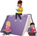 Cartoon teenagers reading books.