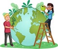 Cartoon teenagers saving earth planet. Royalty Free Stock Photo