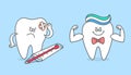 Cartoon teeth. Healthy strong tooth and sick, aching tooth with toothache and thermometer.