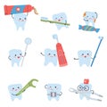 Cartoon teeth and tools. Humorous tooth, baby kid dentist characters. Dental hygiene and treatment, cute prevention and Royalty Free Stock Photo