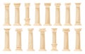 Cartoon temple ancient columns, greek cartoon pillars. Corinthian, ionic and doric ornaments, antique colonnade decoration flat