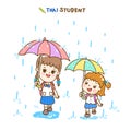 Cartoon Thai Students in rainy season.