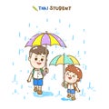 Cartoon Thai Students in rainy season.