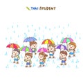 Cartoon Thai Students in rainy season.