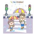 Cartoon Thai Students in rainy season.