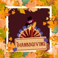 Cartoon thanksgiving turkey character in hat, autumn holiday bird vector illustration happy greeting text on flyer or