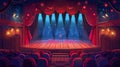 A cartoon theater stage with red curtains, spotlights, and empty seats. Modern illustration of a concert hall interior Royalty Free Stock Photo