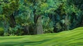 Cartoon thick green deciduous forest with green glade