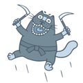 Cartoon thick ninja cat armed with sickles. Vector illustration.